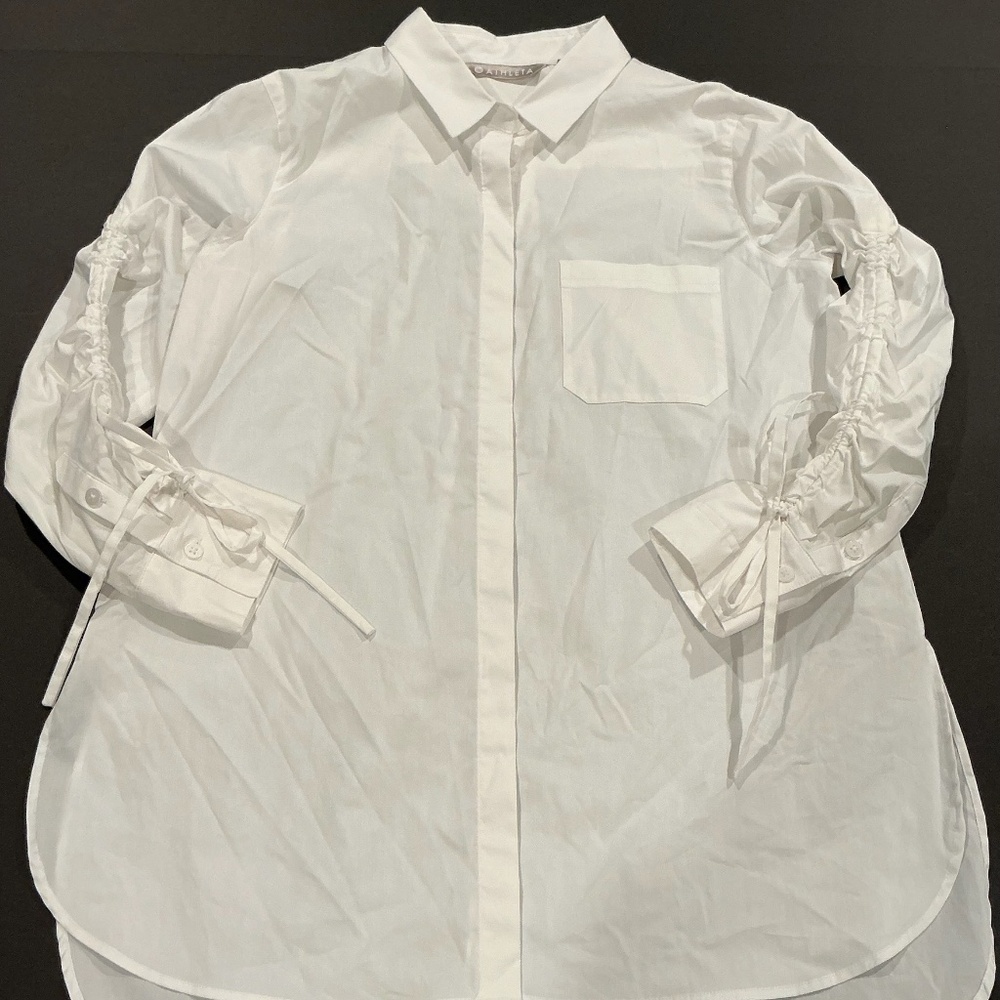 Athleta White Button Down Shirt Ruched Sleeve Tie Detail Size Small
